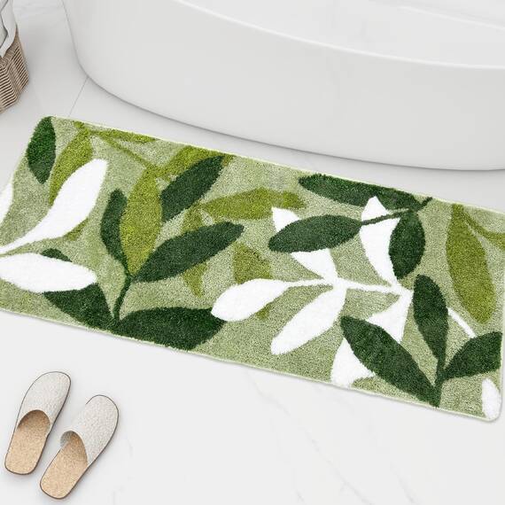 ZebraSmile langer Badezimmerteppich mit salbeigrünem Blattmuster ca. 61 x 152 cm, Mikrofaser-Badematte, wasserabsorbierender, extra langer Badezimmerteppich mit rutschfester Unterseite für Badewanne