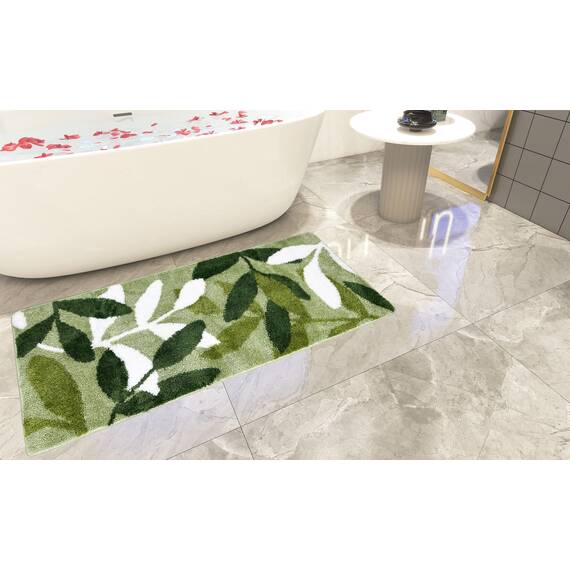 ZebraSmile langer Badezimmerteppich mit salbeigrünem Blattmuster ca. 61 x 152 cm, Mikrofaser-Badematte, wasserabsorbierender, extra langer Badezimmerteppich mit rutschfester Unterseite für Badewanne
