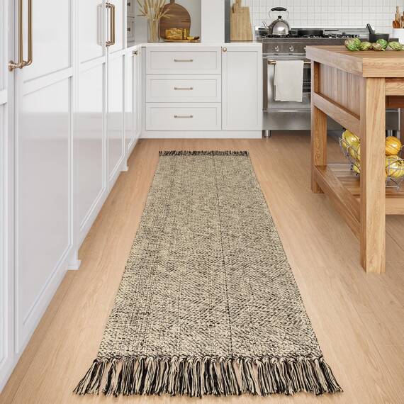 Collive Langer Flur-Läufer, 6,6 x 17,8 cm, Bauernhaus, waschbar, Küchenläufer für Schlafzimmer, Natur/Schwarz, geflochten, Eingangsteppich, flaches Profil, Haustür, Bodenteppich für Waschküche,