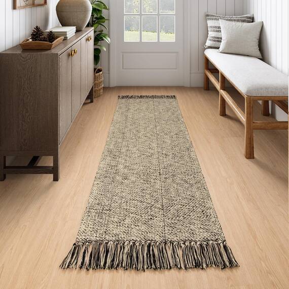Collive Langer Flur-Läufer, 6,6 x 17,8 cm, Bauernhaus, waschbar, Küchenläufer für Schlafzimmer, Natur/Schwarz, geflochten, Eingangsteppich, flaches Profil, Haustür, Bodenteppich für Waschküche,