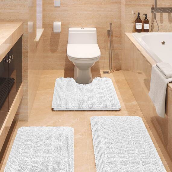ACCUMTEK Gestreiftes weißes Badezimmerteppich-Set, 3-teilig, ultraweich, rutschfest, Chenille, WC-Vorleger, saugfähiger Plüsch, zottelig, Badematten für Badezimmer, Schlafzimmer, Küche, Elfenbein