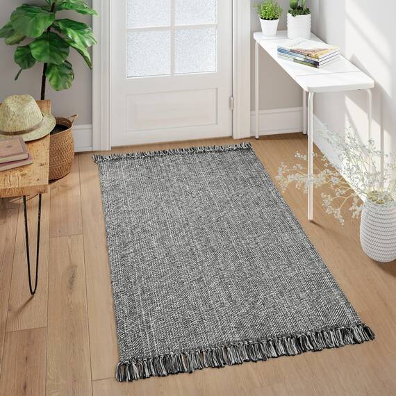 Collive Waschbarer Teppich, 90x152 cm, moderne gewebte Küchenteppiche, grau/cremefarben, geflochten, Baumwolle, für den Innenbereich, Fußmatte, Überwurf, Schlammzimmer, Waschküche