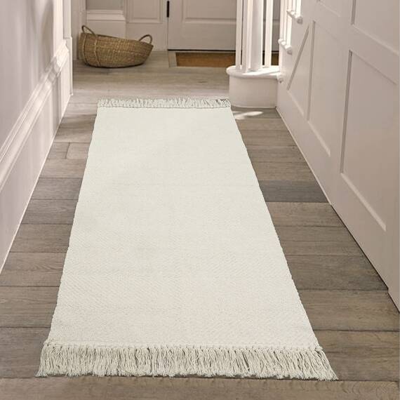 Collive Läufer für Flur, 60x152 cm, weich, waschbar, Küchenläufer, Teppich, Weiß/Creme, zeitgenössisch, modern, Waschküche, für den Innenbereich, handgewebte Baumwolle, Haustür, Bauernhaus