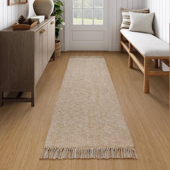 Collive Langer Flurläufer, 6.6x1.8 m, waschbarer Läufer für den Eingangsbereich, Hellbraun/Creme, geflochten, gewebt, Küchenläufer, niedriges Profil, Haustür, Schlafzimmer, Tür