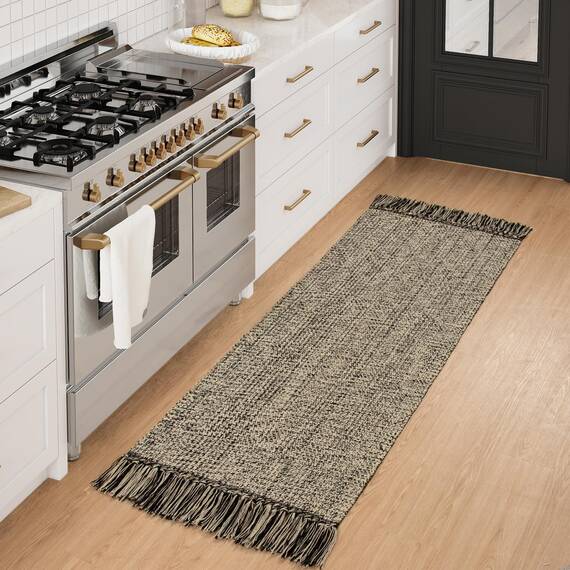 Collive Küchenläufer, handgewebt, wendbar, waschbar, Badezimmerläufer für Eingangsbereich, Natur/Schwarz, Baumwolle, gewebt, Boho, Bauernhaus, Haustür-Teppich für Schlafzimmer, Eingang, Küche, Boden,