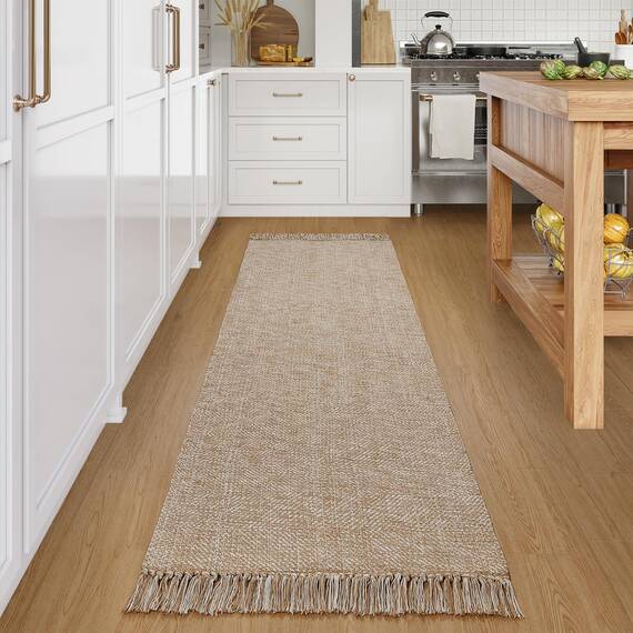 Collive Langer Flurläufer, 6.6x1.8 m, waschbarer Läufer für den Eingangsbereich, Hellbraun/Creme, geflochten, gewebt, Küchenläufer, niedriges Profil, Haustür, Schlafzimmer, Tür