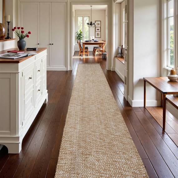 Collive Boho 5,5m Lang Läufer Teppich für Flur Waschbar Küchenläufer Baumwolle Handgewebt Bauernhaus Neutral Teppichläufer Hellbraun/Creme Niedriger Flor Eingangsbereich Bodenläufer für Schlafzimmer