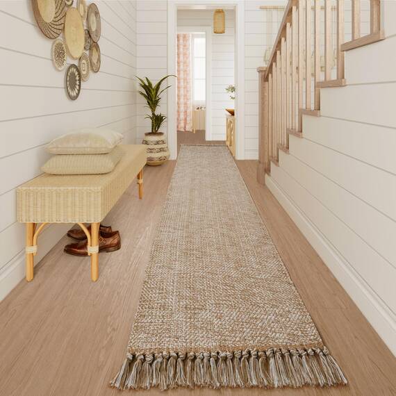 Collive Langer Boho-Läufer-Teppich, 80 x 42 cm, waschbar, für Flur, Hellbraun/Creme, niedriger Flor, Küchenläufer, gewebte Baumwolle, Läufer für Eingangsbereich, Nachttisch