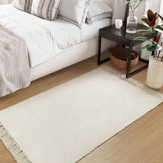 Collive Waschbarer Teppich, 90x152 cm, moderne gewebte Küchenteppiche, weiß/cremefarben, geflochten, Baumwolle, für den Innenbereich, Fußmatte, Überwurf, Schlammzimmer, Waschküche