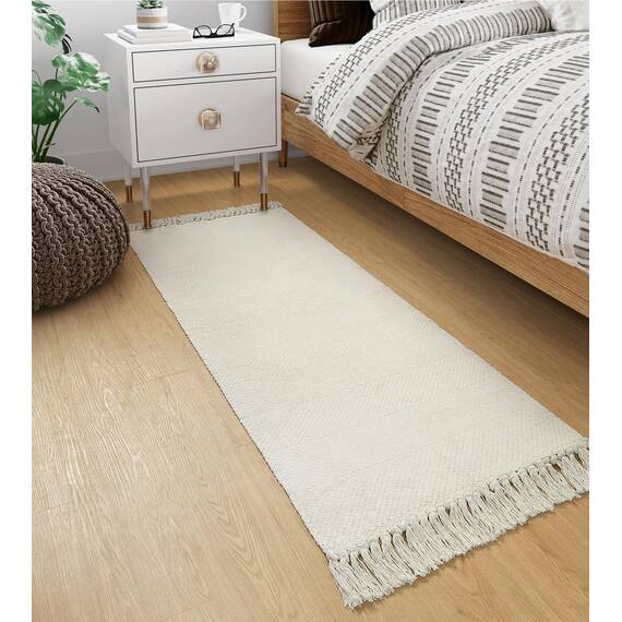 Collive Läufer für Flur, 60x152 cm, weich, waschbar, Küchenläufer, Teppich, Weiß/Creme, zeitgenössisch, modern, Waschküche, für den Innenbereich, handgewebte Baumwolle, Haustür, Bauernhaus