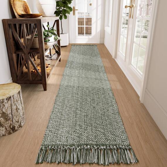 Collive Waschbarer Boho-Teppich für Flur, 0,8 x 3,6 m, Bauernhaus, lange Teppiche für Küche, Baumwolle, handgewebt, Schlafzimmerläufer, olivgrün/cremefarben, niedriger Flor, natürlicher Bodenteppich