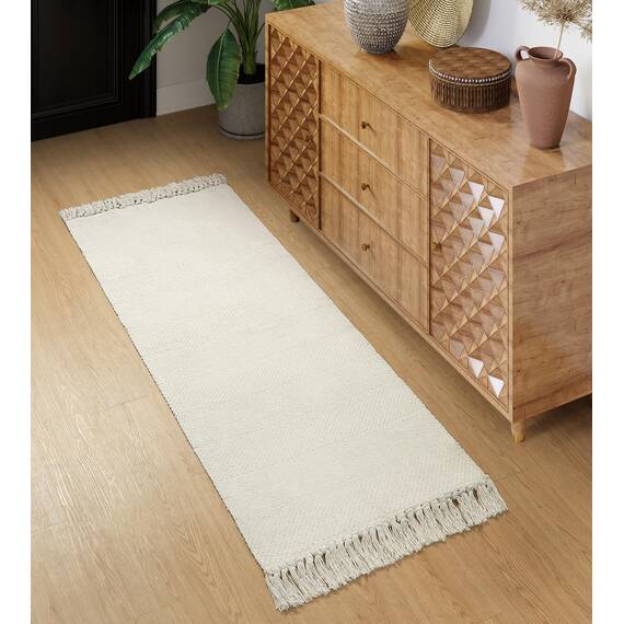 Collive Läufer für Flur, 60x152 cm, weich, waschbar, Küchenläufer, Teppich, Weiß/Creme, zeitgenössisch, modern, Waschküche, für den Innenbereich, handgewebte Baumwolle, Haustür, Bauernhaus