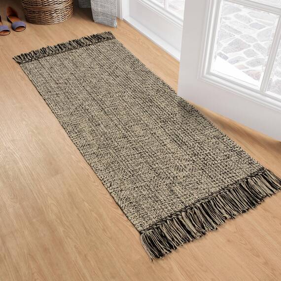 Collive Küchenläufer, handgewebt, wendbar, waschbar, Badezimmerläufer für Eingangsbereich, Natur/Schwarz, Baumwolle, gewebt, Boho, Bauernhaus, Haustür-Teppich für Schlafzimmer, Eingang, Küche, Boden,
