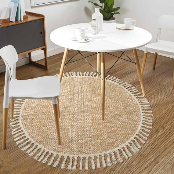Collive Handgewebter runder Teppich, weiche Baumwolle, maschinenwaschbar, 1.2 m, Bauernhaus-Teppiche mit Quasten, hellbraun/cremefarben, runde Teppiche für Schlafzimmer, Wohnzimmer, Tisch, Büro