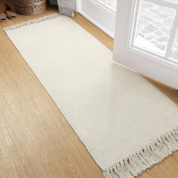 Collive Läufer für Flur, 60x152 cm, weich, waschbar, Küchenläufer, Teppich, Weiß/Creme, zeitgenössisch, modern, Waschküche, für den Innenbereich, handgewebte Baumwolle, Haustür, Bauernhaus