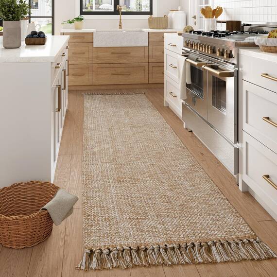 Collive Waschbarer Teppichläufer für Flur, 3,6 m, Boho-Teppiche für Küche, Baumwolle, handgewebt, Schlafzimmerläufer, Teppich, Hellbraun/Creme, niedriger Flor, natürlicher Bodenteppich für
