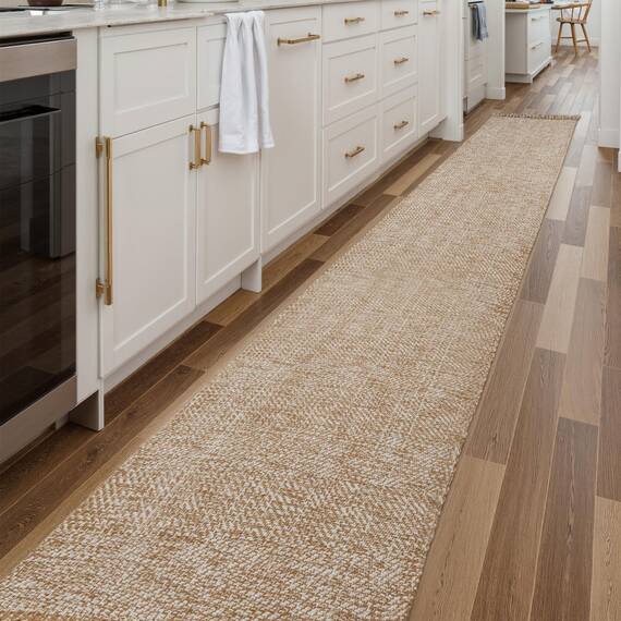 Collive Boho 5,5m Lang Läufer Teppich für Flur Waschbar Küchenläufer Baumwolle Handgewebt Bauernhaus Neutral Teppichläufer Hellbraun/Creme Niedriger Flor Eingangsbereich Bodenläufer für Schlafzimmer