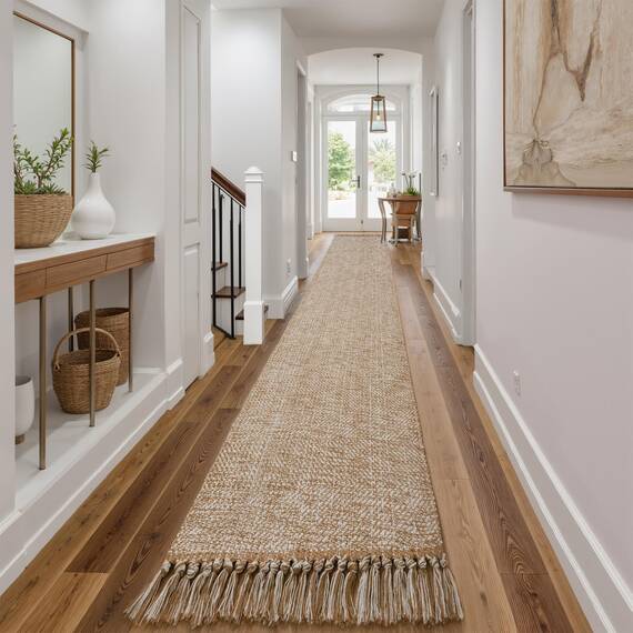 Collive Boho 5,5m Lang Läufer Teppich für Flur Waschbar Küchenläufer Baumwolle Handgewebt Bauernhaus Neutral Teppichläufer Hellbraun/Creme Niedriger Flor Eingangsbereich Bodenläufer für Schlafzimmer