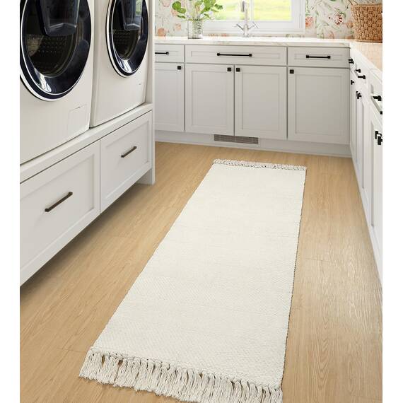 Collive Läufer für Flur, 60x152 cm, weich, waschbar, Küchenläufer, Teppich, Weiß/Creme, zeitgenössisch, modern, Waschküche, für den Innenbereich, handgewebte Baumwolle, Haustür, Bauernhaus