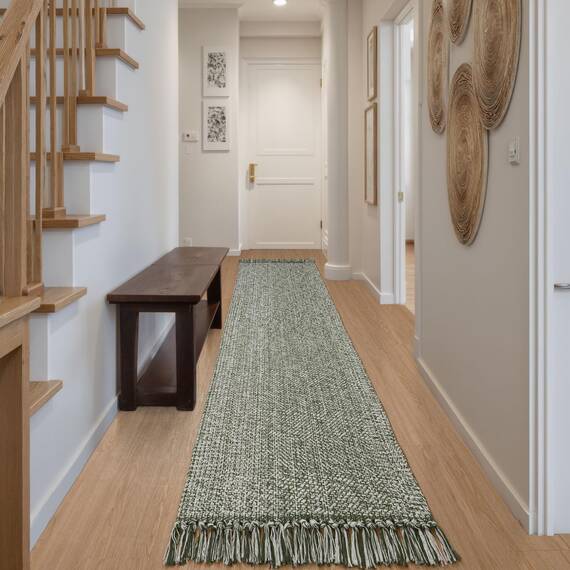 Collive Waschbarer Boho-Teppich für Flur, 0,8 x 3,6 m, Bauernhaus, lange Teppiche für Küche, Baumwolle, handgewebt, Schlafzimmerläufer, olivgrün/cremefarben, niedriger Flor, natürlicher Bodenteppich