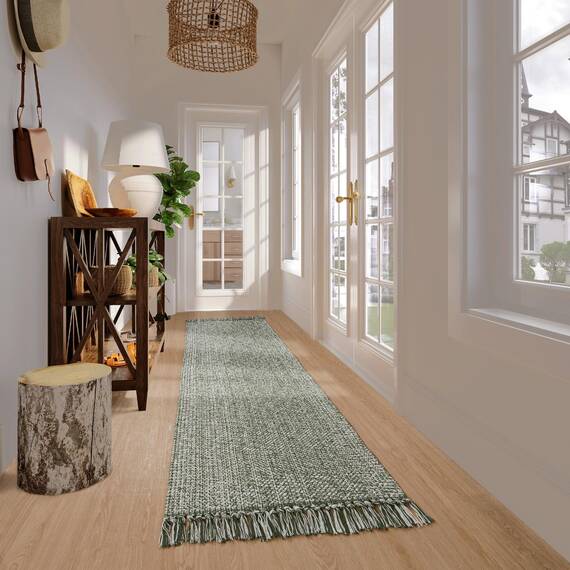 Collive Waschbarer Boho-Teppich für Flur, 0,8 x 3,6 m, Bauernhaus, lange Teppiche für Küche, Baumwolle, handgewebt, Schlafzimmerläufer, olivgrün/cremefarben, niedriger Flor, natürlicher Bodenteppich