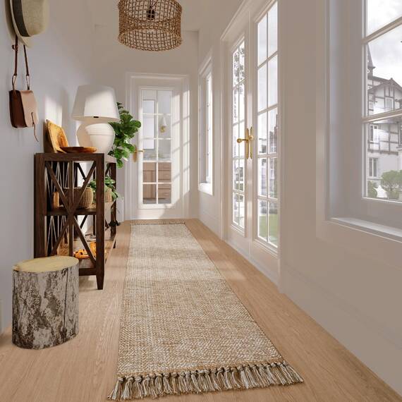Collive Langer Boho-Läufer-Teppich, 80 x 42 cm, waschbar, für Flur, Hellbraun/Creme, niedriger Flor, Küchenläufer, gewebte Baumwolle, Läufer für Eingangsbereich, Nachttisch