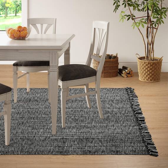 Collive Komfortabler Teppich, 122x152 cm, schwarz/cremefarben, gewebte Baumwolle, Schlafzimmerteppich, moderner Innenbereich, Teppich mit Quaste für Wohnzimmer, Büro, Terrassendekoration