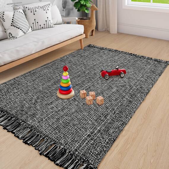 Collive Komfortabler Teppich, 122x152 cm, schwarz/cremefarben, gewebte Baumwolle, Schlafzimmerteppich, moderner Innenbereich, Teppich mit Quaste für Wohnzimmer, Büro, Terrassendekoration