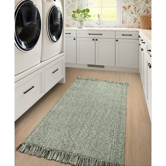Collive Waschbarer Teppich, moderner, gewebter Küchenteppich, 90 x 150 cm, olivgrün/cremefarben, geflochtene Baumwolle, für den Eingangsbereich, Wohnzimmer, Kinderzimmer, Schlammzimmer, Waschküche
