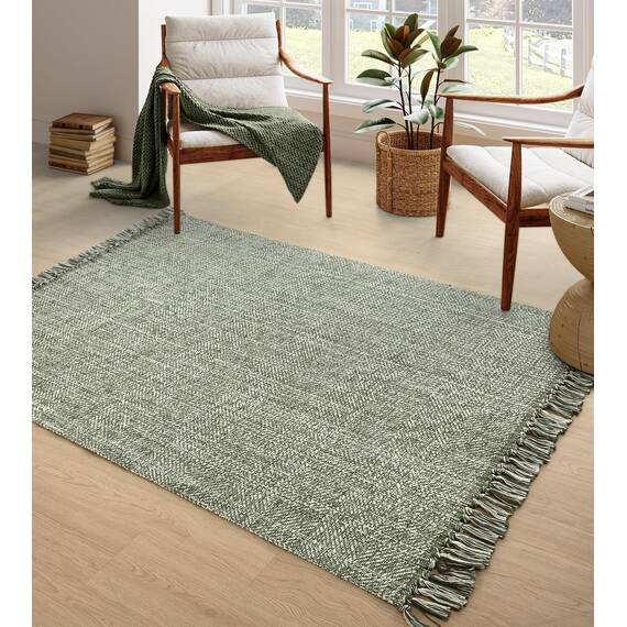 Collive Comfy Area Rug 4' x 6' Olive Green/Cream Woven Cotton Bedroom Rugs, Modern Indoor Accent Rug Floor Carpet with Tassel for Living Room, Nursery Room, Dining Room, Bedside, Office, Patio Decor