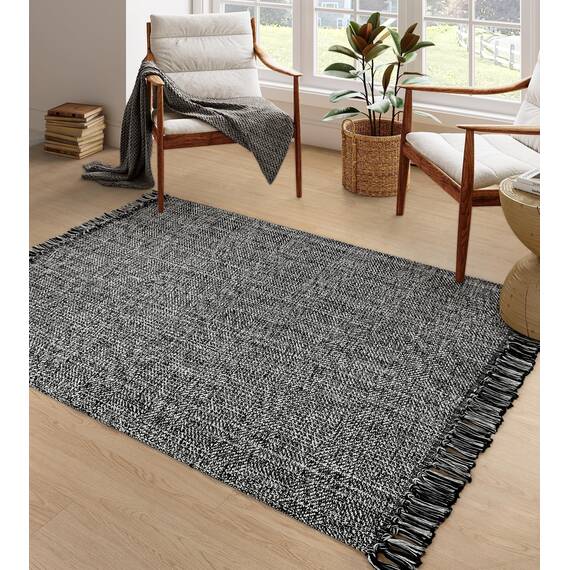 Collive Komfortabler Teppich, 122x152 cm, schwarz/cremefarben, gewebte Baumwolle, Schlafzimmerteppich, moderner Innenbereich, Teppich mit Quaste für Wohnzimmer, Büro, Terrassendekoration