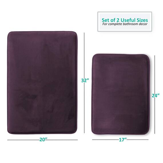 Clara Clark Bathroom, Velvet Memory Foam Mat, Non-Slip Bath Rugs Ultraweicher, Rutschfester und saugfähiger Badezimmerteppich, Samt-Fleece Schaum, dunkelviolett, 17 x 24 + 20 x 32, 2