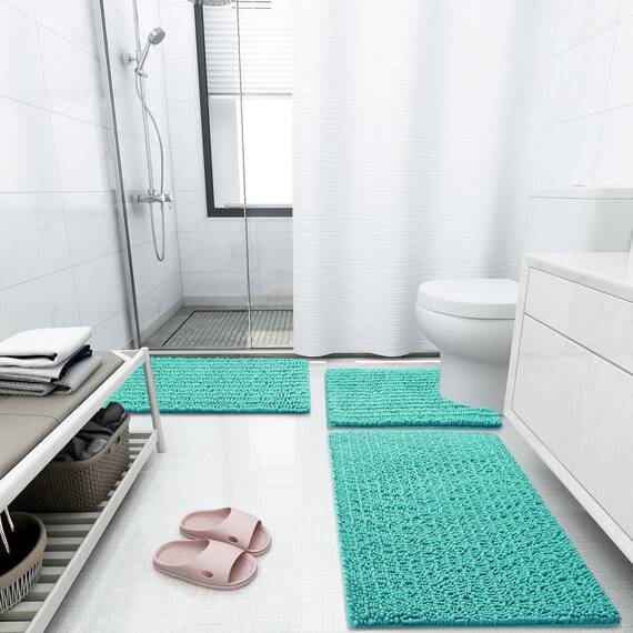 Arotive Luxuriöser Chenille-Badezimmerteppich, extra weich, dick, saugfähig, zottelige Badteppiche, rutschfest, maschinenwaschbar, trocknergeeignet, Dusche und Badewanne (61x129 cm, Blaugrün)