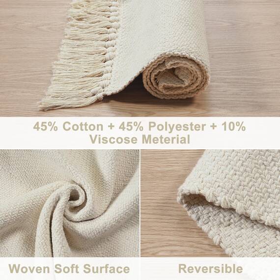 Collive Langer Flurläufer, 6.6x3.4 m, waschbarer Läufer für Innenbereich, Eingangsbereich, weiß/cremefarben, geflochten, gewebt, Küchenläufer, niedriges Profil, Haustür, Schlafzimmer, Tür