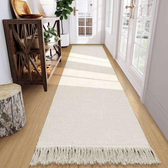 Collive Langer Flurläufer, 6.6x3.4 m, waschbarer Läufer für Innenbereich, Eingangsbereich, weiß/cremefarben, geflochten, gewebt, Küchenläufer, niedriges Profil, Haustür, Schlafzimmer, Tür