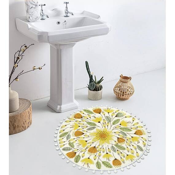 Uphome Runder Teppich, 51 cm, niedlicher Badteppich mit Pompons, Fransen, Blumenmuster, waschbar, Badezimmerteppich, weich, rutschfest, runder Überwurf, Teppich für Dusche, Waschbecken, Puderzimmer,