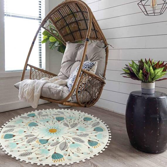 Uphome Runder Teppich fürs Schlafzimmer, Badematte mit Pompon-Borte, florales Pflanzendesign, waschbarer Wurfteppich, rutschfeste Matte für Waschbecken, Gästebad, Flur, Wohnzimmer, Babyzimmer, 91,4 cm
