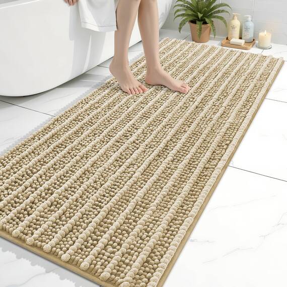 Arotive Luxuriöse Chenille-Badezimmerteppichmatte, extra weich, dick, saugfähig, zottelig, rutschfest, maschinenwaschbar, trocken, Wohnzimmer und Waschküche (61x152 cm, Beige)