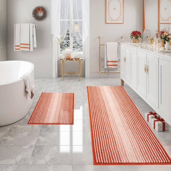 Badezimmerteppiche und -matten, 2-teiliges dickes, saugfähiges Chenille-Badvorleger-Set, rutschfest, weich, zottelig, Badezimmer-Fußmatten für Badezimmer, maschinenwaschbar (Sunset Orange, 50,8 x
