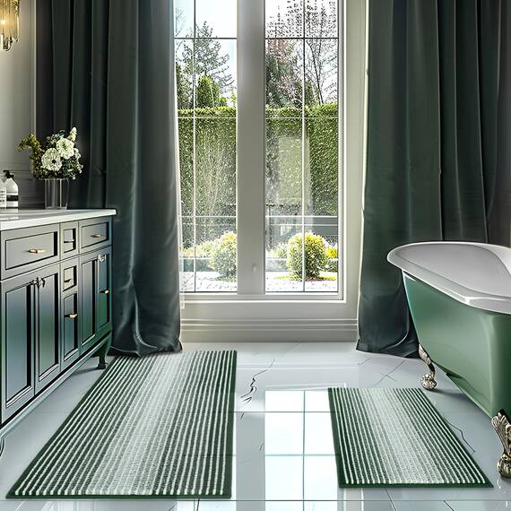 Badezimmerteppiche und -matten-Sets, 2-teiliges dickes, saugfähiges Chenille-Badvorleger-Set, rutschfest, weich, zottelig, Badezimmer-Fußmatten für Badezimmer, maschinenwaschbar (Huntergrün, 50,8 x