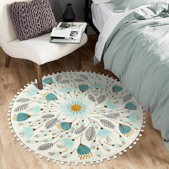 Uphome Runder Teppich fürs Schlafzimmer, Badematte mit Pompon-Borte, florales Pflanzendesign, waschbarer Wurfteppich, rutschfeste Matte für Waschbecken, Gästebad, Flur, Wohnzimmer, Babyzimmer, 91,4 cm