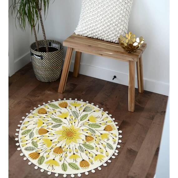Uphome Runder Teppich, 51 cm, niedlicher Badteppich mit Pompons, Fransen, Blumenmuster, waschbar, Badezimmerteppich, weich, rutschfest, runder Überwurf, Teppich für Dusche, Waschbecken, Puderzimmer,
