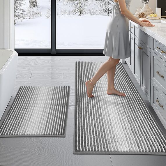 BSICPRO Badezimmerteppiche und -matten-Sets, 2-teilig, dick, saugfähig, Chenille, Badematten-Set, rutschfest, weich, zottelig, Badezimmer, maschinenwaschbar (50.8 x 119.4 cm Plus 40.6 x 61 cm, grau)