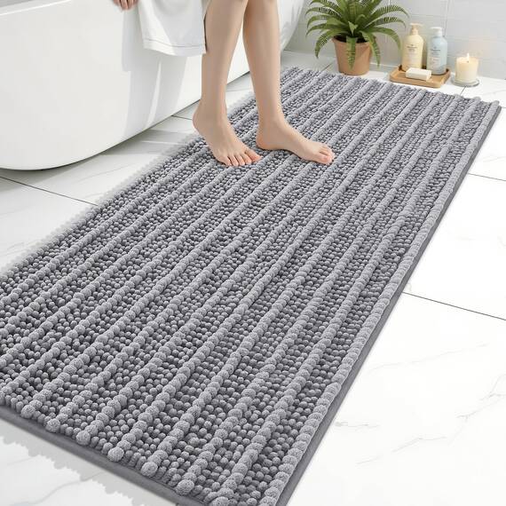 Arotive Luxuriöse Chenille-Badezimmerteppichmatte, extra weich, dick, saugfähig, zottelig, rutschfest, maschinenwaschbar, trocken, Wohnzimmer und Waschküche (61x152 cm, grau)