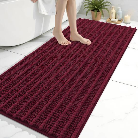 Arotive Luxuriöse Chenille-Badezimmerteppichmatte, extra weich, dick, saugfähig, zottelig, rutschfest, maschinenwaschbar, trocknergeeignet, Dusche und Badewanne (61x152 cm, Burgunderrot)