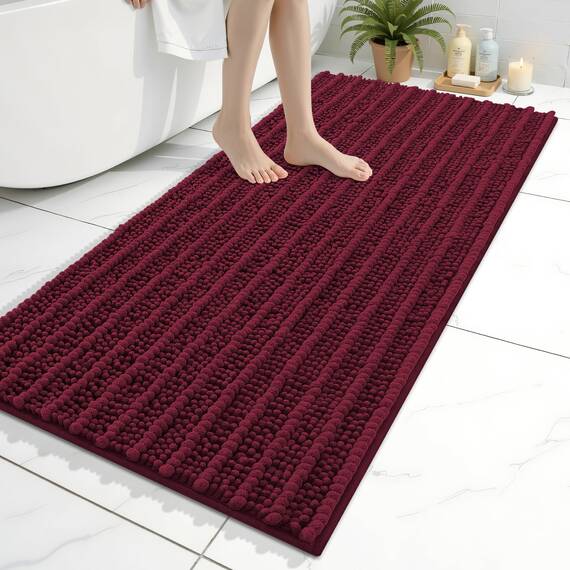 Arotive Luxuriöser Chenille-Badezimmerteppich, extra weich, dick, saugfähig, zottelig, rutschfest, maschinenwaschbar, trocken, Plüsch, Dusche und Badewanne (61 x 129 cm, Weinrot)