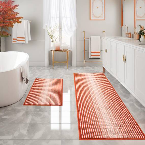 Badezimmerteppiche und -matten, 2-teiliges dickes, saugfähiges Chenille-Badvorleger-Set, rutschfest, weich, zottelig, Badezimmer-Fußmatten für Badezimmer, maschinenwaschbar (Sunset Orange, 61 x 177,8