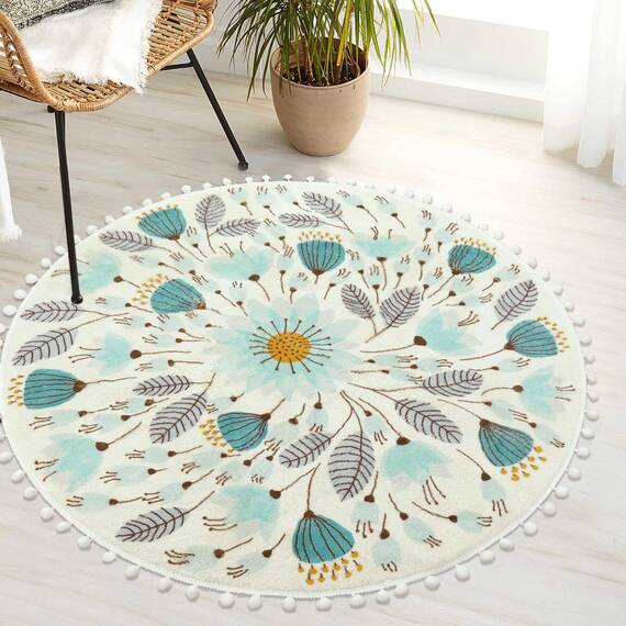 Uphome Runder Teppich fürs Schlafzimmer, Badematte mit Pompon-Borte, florales Pflanzendesign, waschbarer Wurfteppich, rutschfeste Matte für Waschbecken, Gästebad, Flur, Wohnzimmer, Babyzimmer, 91,4 cm