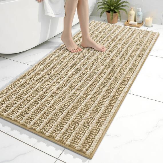 Arotive Luxuriöser Chenille-Badezimmerteppich, extra weich, dick, saugfähig, zottelig, Badematte, rutschfest, maschinenwaschbar, Trockenplüsch, für Badezimmer, 61 x 129 cm, Beige