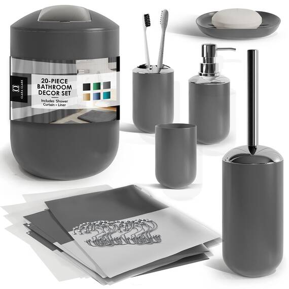 Komplettes Badezimmer-Zubehör-Set mit Duschvorhang-Set, Seifenspender, Seifenschale, Zahnbürstenhalter mit Tasse, Duschvorhang-Set mit Einsatz und Haken, WC-Bürste und Halter, Abfalleimer, grau
